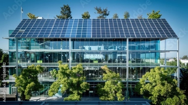 Fototapeta An environmentally conscious office building with a striking glass facade, solar panels on its roof, and large trees within its open-plan office areas for air quality improvement.