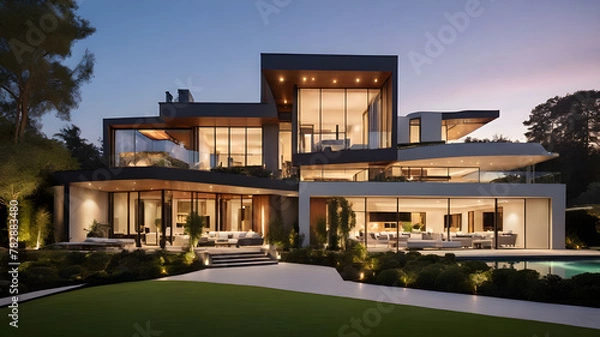 Obraz  A Modern Luxurious Home Bathed in Evening Light - Generated by AI.