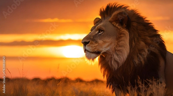 Obraz A Lion Silhouetted Against a Vibrant Horizon - Generated by AI