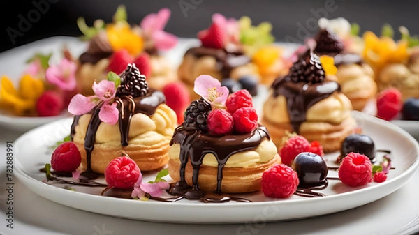 Obraz Choux Pastry with Fruit and Chocolate Ganache on a Porcelain Platter - Generated by AI.