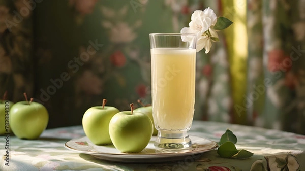 Obraz Creamy Apple Juice with Green Apple Slice in a Cozy Vintage Setting - Generated by AI
