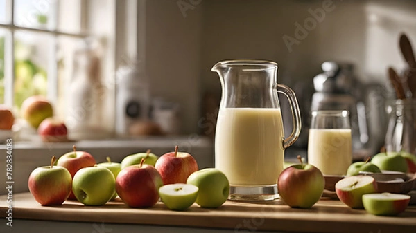 Obraz Fresh Apple and Milk Blend in a Sunlit Kitchen Setting - Generated by AI