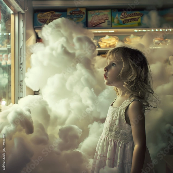 Obraz A little girl in a white dress, surrounded by whimsical clouds, gazes in awe at a shop window filled with colorful goods. A magical combination of reality and fantasy.