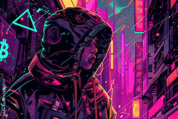 Fototapeta An illustration capturing the clash between crypto coins and conventional currency in a cyberpunk-themed design, featuring a vivid palette and microdot matrix details.