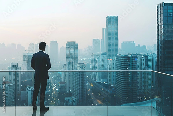 Fototapeta Businessman standing on the balcony of an office building overlooking the cityscape. The businessman in a suit is looking at modern skyscrapers from a high floor of the company headquarters