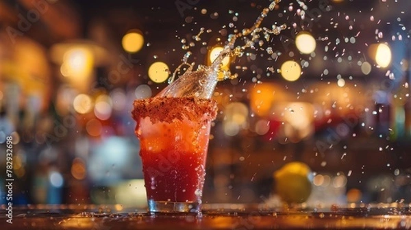 Obraz Captivating action shot of a michelada cocktail mid-splash, with dynamic droplets suspended in air, ideal for energizing bar promotions or beverage advertisements.