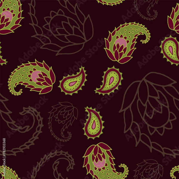 Fototapeta Vector maroon seamless pattern background: Winding Paisley.