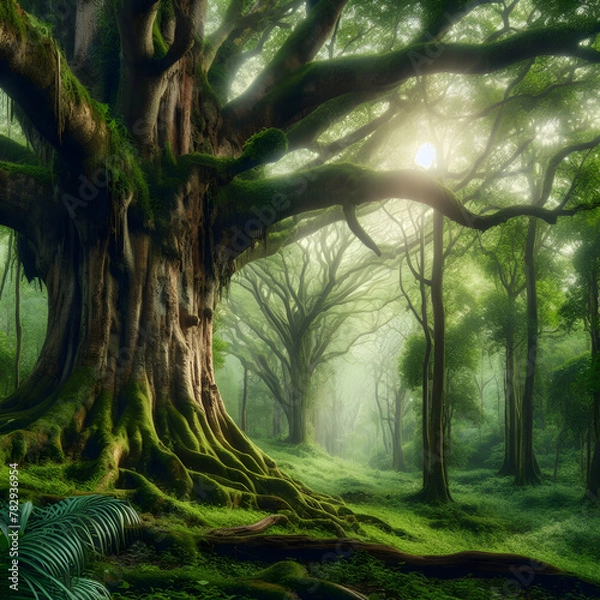 Obraz An ancient tree with a thick trunk and sprawling branches, standing tall in a lush forest, exuding an aura of wisdom and timelessness.