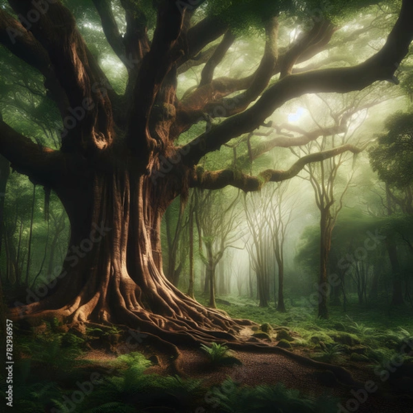 Obraz An ancient tree with a thick trunk and sprawling branches, standing tall in a lush forest, exuding an aura of wisdom and timelessness.