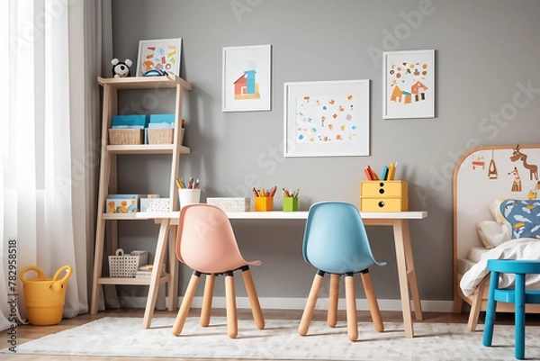 Fototapeta modern children's room with set of chairs and table for work and study, interior design concept