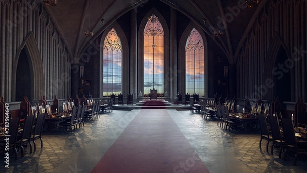 Fototapeta Grand medieval castle throne room with sunset sky seen through large gotrhic arched windows. 3D render.