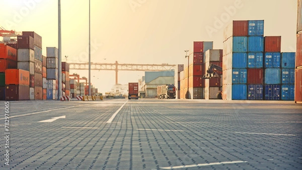 Obraz Truck unload many red intermodal containers time lapse. Busy port terminal. Export import heavy ship cargo. Transport logistic shipment. Load freight into dock. Lots of blue huge box rows. Stock line.