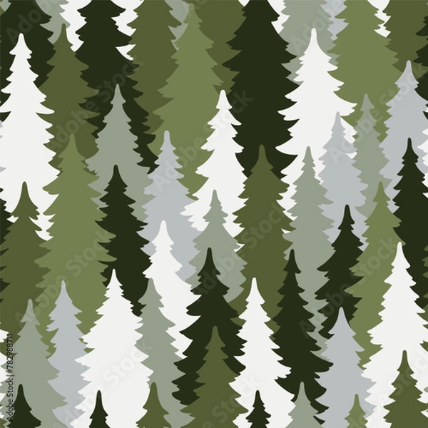 Obraz Seamless vector pattern with pine tree silhouettes. Hand drawn vector illustration. Perfect for textile, wallpaper or print design.
