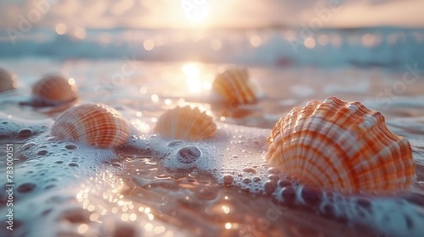 Fototapeta A collection of sea shells arranged on the sunlit edge of the shore.