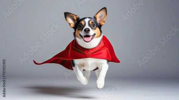 Fototapeta Canine Superhero in Red Cape on Gray Background: Heroic Dog Image