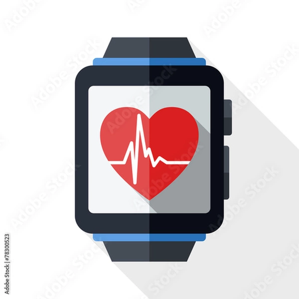 Fototapeta Smart watch with health app icon and long shadow on white backgr