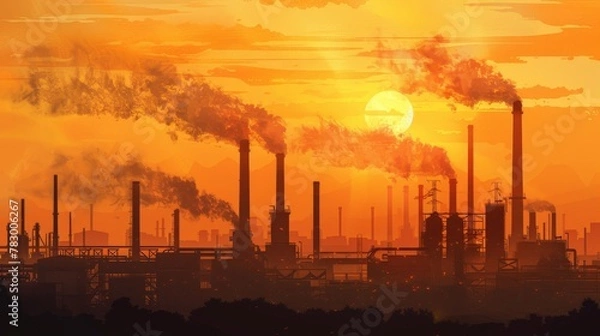 Fototapeta Silhouettes of factories against a sunset, their smokestacks contributing to the eerie smog
