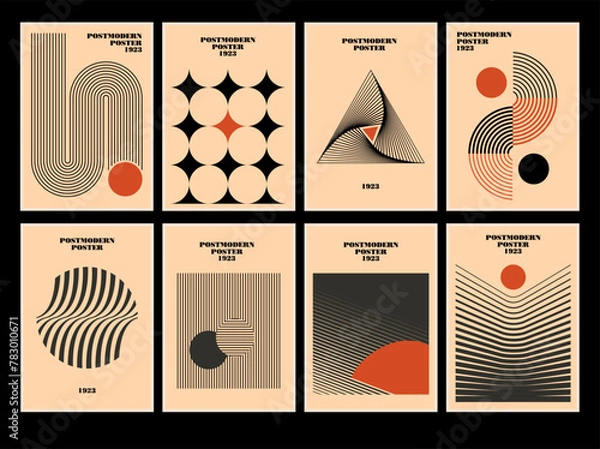 Obraz Set of 20s minimalistic geometric posters inspired postmodern of vector abstract dynamic symbols with bold geometric shapes, useful for web background, poster art design, hi-tech print, cover artwork