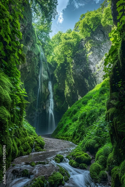 Fototapeta An idyllic secluded waterfall surrounded by a vibrant, untouched forest, basking in the tranquility of a clear blue sky.