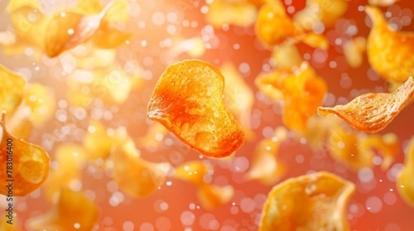 Obraz Riffled chips flying chaotically in the air, bright saturated background, spotty colors, professional food photo