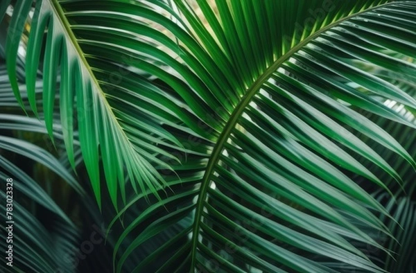 Fototapeta Emerald green palm leaves in close-up.