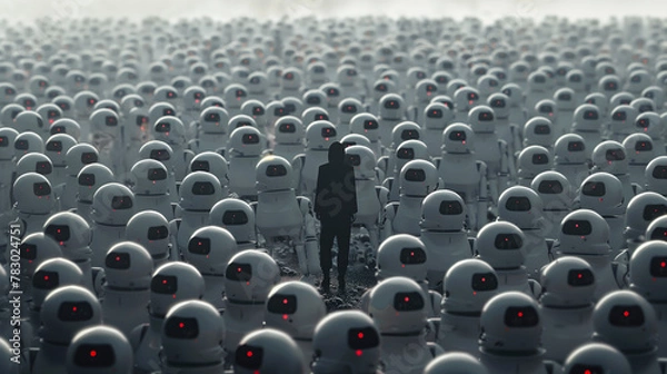 Fototapeta a man stands amongst a sea of robots. dead internet theory concept