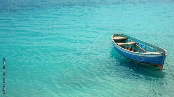Fototapeta A blue boat is floating in the ocean