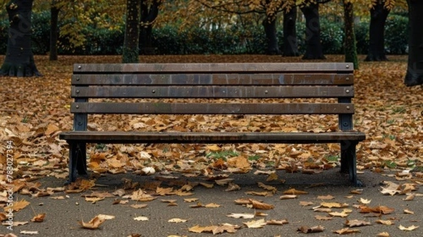 Fototapeta A park bench sits in the middle of a park with leaves scattered around it