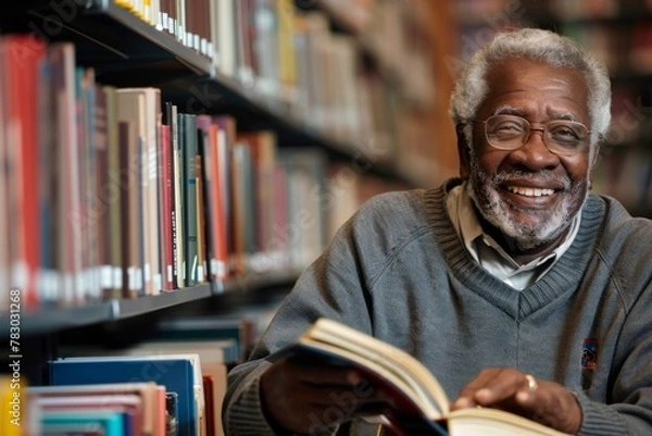 Fototapeta Smiling older man reading a book in the library