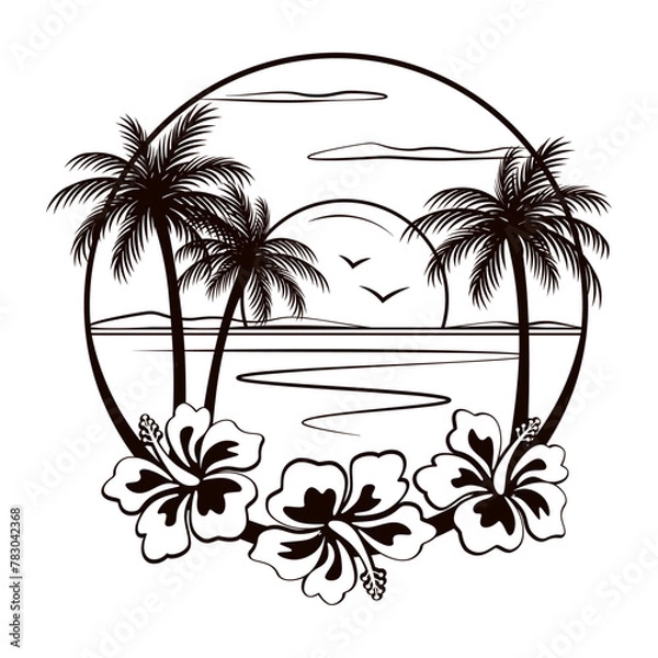 Obraz Tropical beach with beautiful sunset view and palm trees, sketch style drawing, black and white vector illustration in floral frame, isolated on white background.