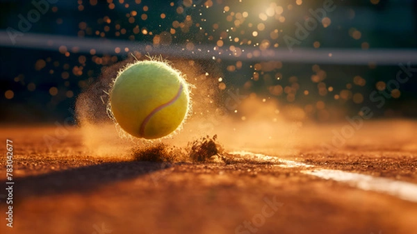 Fototapeta Tennis ball hitting the line on a clay court