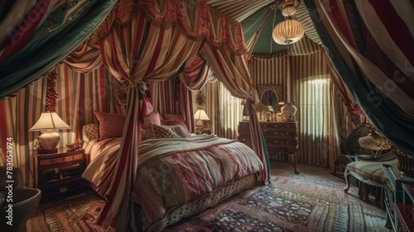 Fototapeta Elegant canopy bed in circus tent chic style, with soft lighting and plush textiles, dreamy and luxurious. Perfect for home decor and lifestyle magazines.