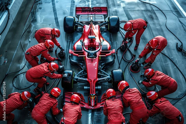 Obraz Professional pit crew ready for action as their team's race car arrives in the pit lane during a pitstop of a car race 