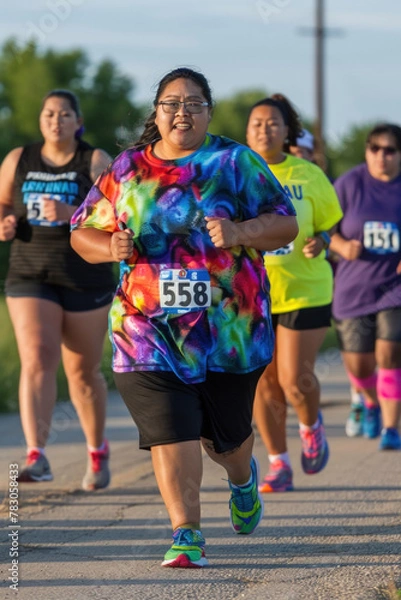 Fototapeta A competitive race with a diverse group of individuals running towards a finish line with determination and focus
