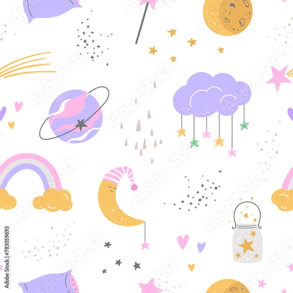 Fototapeta Cute sleeping elements seamless pattern. Design for fabric, home textile, cover, wrapping paper in hand drawn childish style