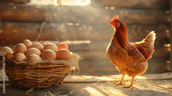 Fototapeta A chicken stands in front of a basket of eggs. Chicken standing in front of eggs on an old wood floor in the style of golden light, some eggs is in a basket in farm cabincore, farm administration