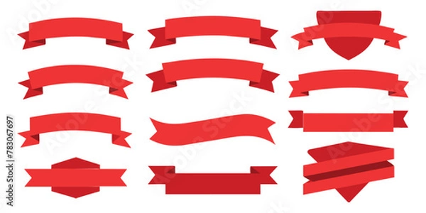 Fototapeta Ribbon, banner or tag vector art set. Flat red color.
