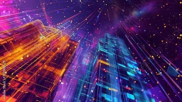 Fototapeta A building filled with futuristic technology. In the background are colorful stars streaking across the night sky