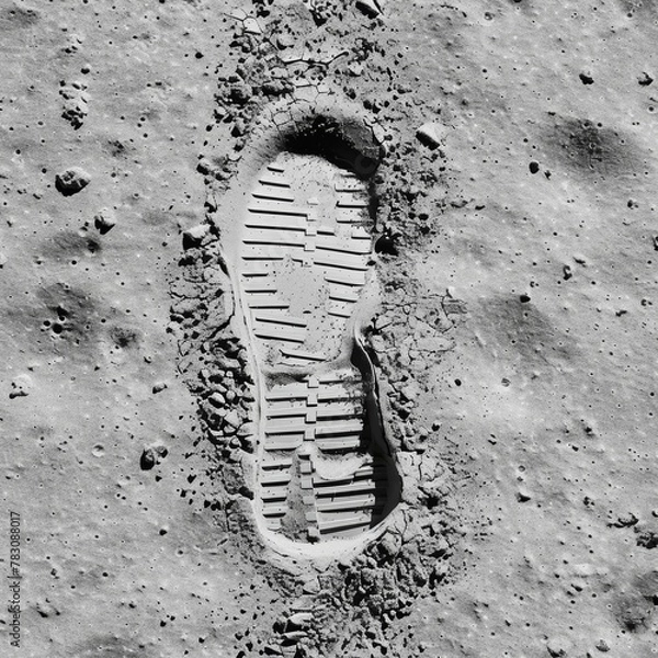 Fototapeta A close-up of a footprint on a rocky surface. The concept of exploration and adventure, as the footprint is on a moon-like surface, suggests that someone has ventured into the unknown