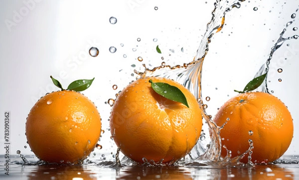 Fototapeta vibrant orange slices are at the center of the image, surrounded by a dynamic splash of liquid, capturing mid-motion. The splash is detailed with droplets scattered around