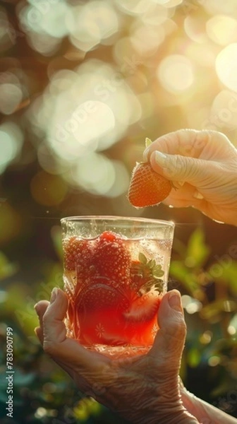 Obraz A person holding a glass with a strawberry in it