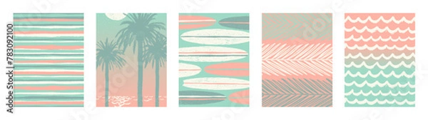 Fototapeta Set of tropical vacation and summer holidays hand drawn posters or greeting card. Vector illustration.