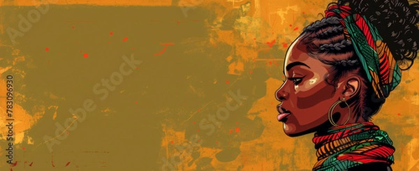 Obraz A vivid illustration. An image of an African-American woman, a place for text, a banner. The concept of the day of the abolition of slavery in America, June 19, freedom, heritage and culture