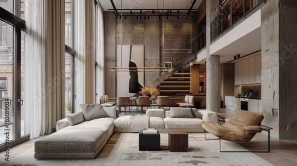 Fototapeta Modern Loft Apartment Interior with Elegant Design and Natural Light