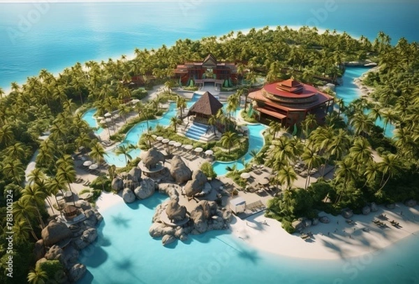 Fototapeta Aerial shot reveals tranquil summer landscape, winding road amidst green forests and shimmering blue lake.