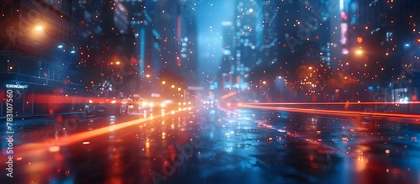 Fototapeta Eerie Cybernetic Cityscape Aglow During Blackout with Emergency Lights Casting Surreal Blue Hues Over Darkened Streets