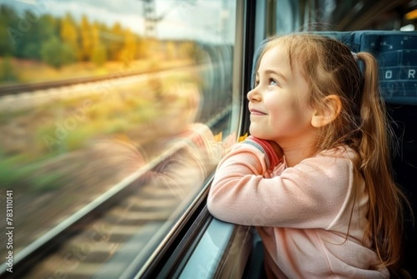 Fototapeta A joyous little girl gazes out of the train window as it journeys through Europe, captivated by the picturesque views passing by