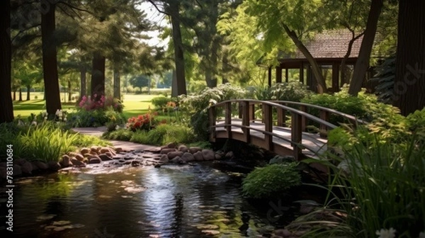 Obraz Wooden bridge over stream in backyard