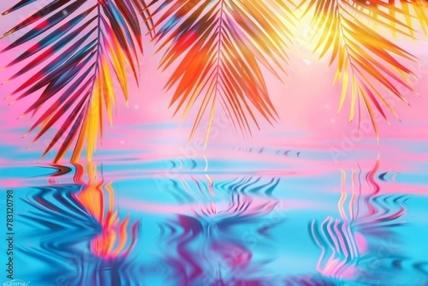 Fototapeta tropical island with palm trees, shiny reflections in the blue water. Surreal neon paradise