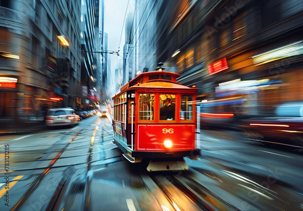 Obraz Red Trolley Car Driving Down City Street Motion Blur